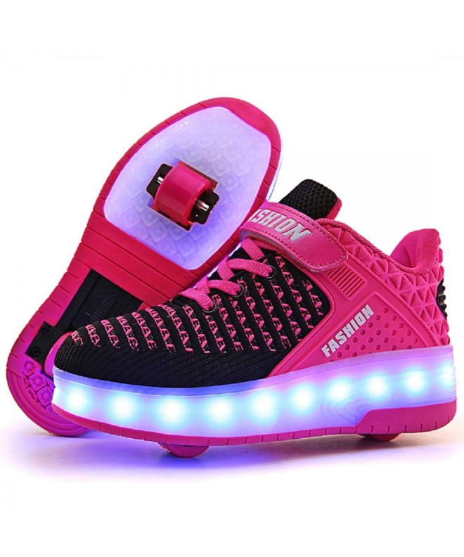 Sneakers Roller Shoes Boys Girls USB Charge LED Light Up Sneaker Kids Wheeled Skate Shoe - 1 - Rose - Double Wheels - C518IMC...