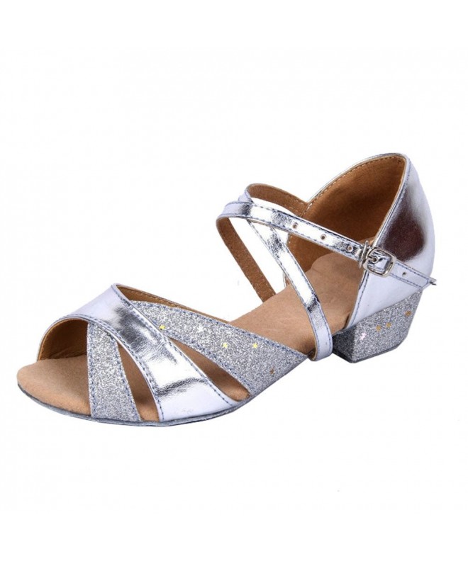 Dance Girls Soft-Soled Glittering Latin Ballroom Dance Shoes with Leather Strap Black/Red - Silver - CJ12N7XCV1S $34.56