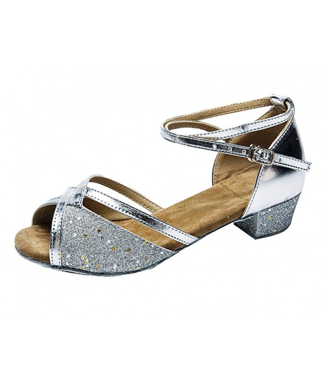 Dance Girl's Glittering Cutout Latin Ballroom Tango Dance Shoes Peep Toe Wedding Sandals - Silver/Suede - CY182DQND96 $41.77