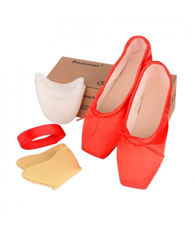 Dance Girls Pointe Shoes Red Ballet Shoe Leather Sole with Free Gel Silicone Toe Pads and Ribbons - CR1265S2IS9 $36.68