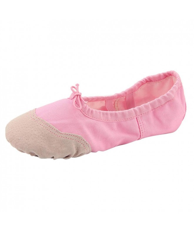 Dance Girls Canvas Ballet Slippers Split-Sole Ballroom Dance Shoes with Leather-Toe - Pink - CC188HCESME $19.24