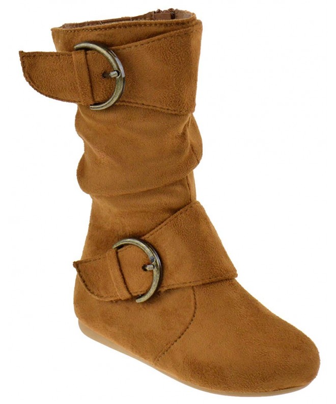 Boots Girl's Kid's Faux Suede Two Buckle Zipper Flat Heel Mid Calf Slouchy Boot Shoes - Tan - CR18NCAXW5M $36.84