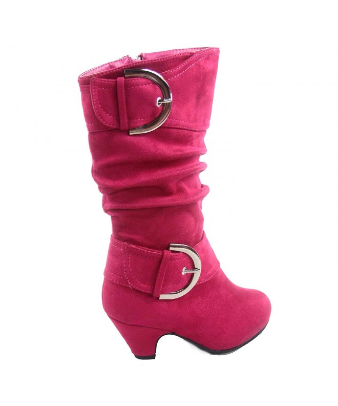 Boots Girl's Youth Fashion Round Toe Low Heel Slouch Buckle Zipper Boots Shoes - Fuchsia - C1186355AC3 $48.06