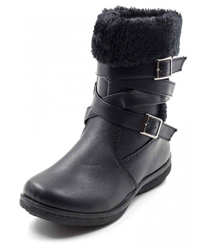 Boots Girls Vegan Leather Fur Trim Winter Strap Black Buckle Boots (Little Girl/Big Girl) - Black - C3126SNMLW9 $43.54