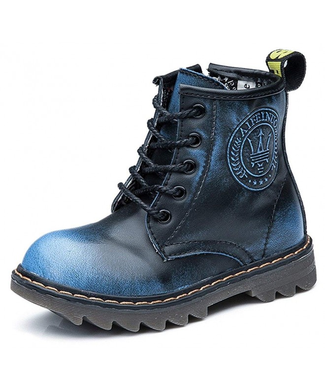 Boots Boys & Girls Waterproof Outdoor Side Zipper Lace-Up Leather Winter Snow Ankle Boots - Blue(with Fur) - CG12MIRQSIR $53.13