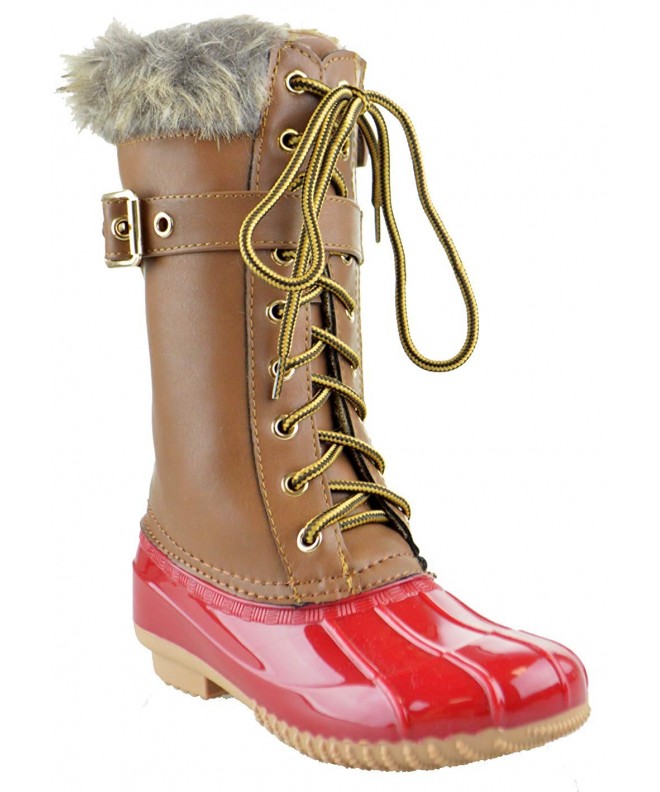 Boots Duck 10K Little Girls Knee High Rain Lace Up Fur Trendy Rubber Duck Boots - Red - C518IHGXOQC $62.41