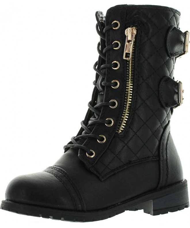 Boots Mango-79 Kids Combat Lace Up Quilted Dual Buckle Zip Decor Mid Calf Motorcycle Boots - Black - C311S33G7CX $51.09