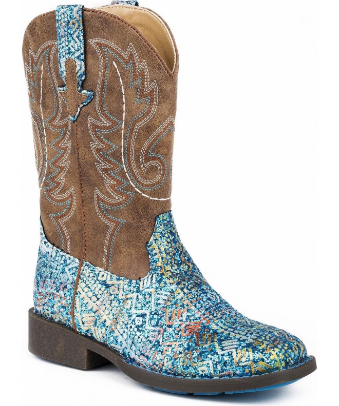 Boots Kids Glitter Aztec Round Toe Blue Boots - Blue - C2188NQZNGK $98.74