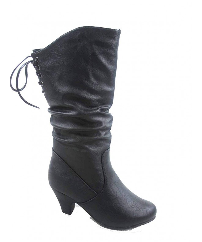 Boots Win-40k Girl's Youth Fashion Round Toe Low Heel Slouch Half Back Lace Zipper Boots Shoes - Black - CS18ISYTIYO $44.87