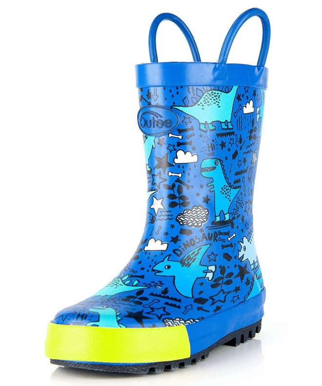 Boots Toddler Kids Rain Boots Rubber Cute Printed with Easy-On Handles Red - Dinosaur Blue - CW189UHUHM9 $36.98