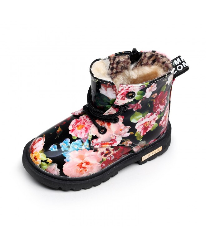Boots Winter Children Girls Boots with Fur Floral Print Kids Martin Shoes Warm Plush Snow Baby Booties - Fur Black - C7186Q85...