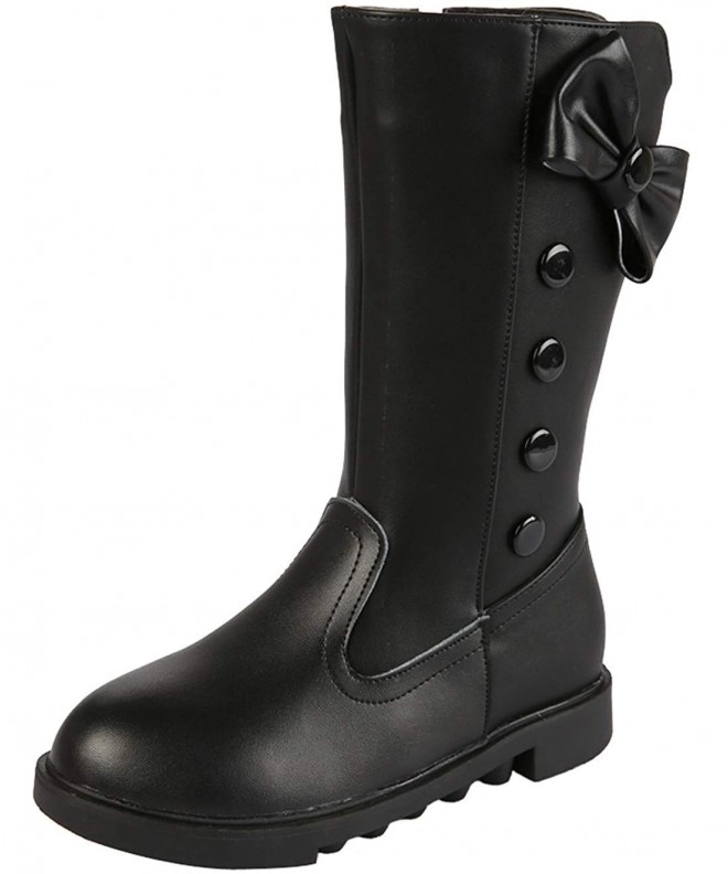 Boots Girl's Waterproof Leather Bowknot Side Zip Knee High Riding Boots - Black(fur Inner) - CF18HYIGLT0 $54.47