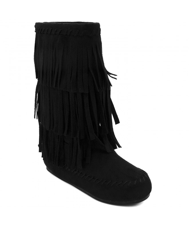 Boots Brooklynn Girls Cold Weather Mid Calf Slip On Winter Boot with Fringe - Black - CJ188YLD9U7 $46.93