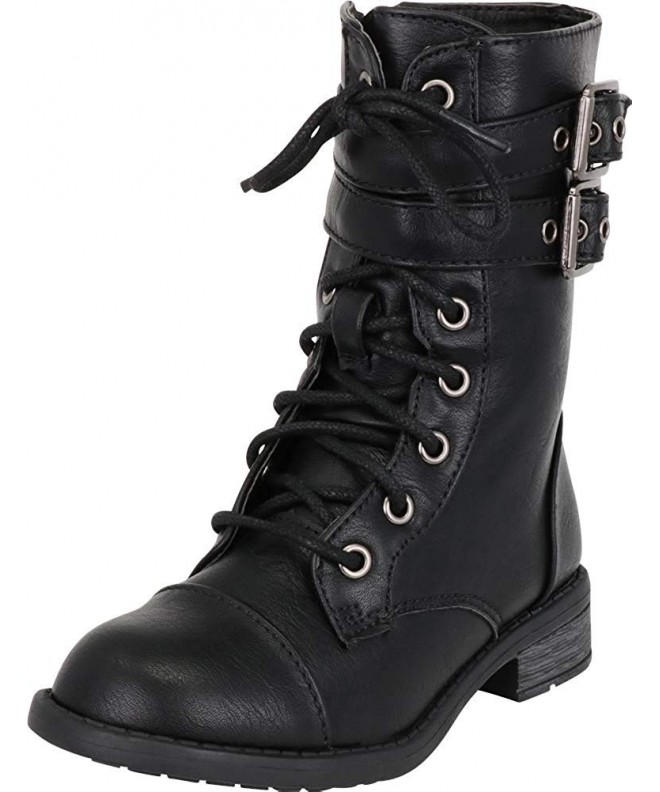 Boots Girls' Lace-Up Strappy Double Buckle Low Heel Combat Boot (Toddler/Little Kid/Big Kid) - Black Pu - C218I0E5N86 $42.55