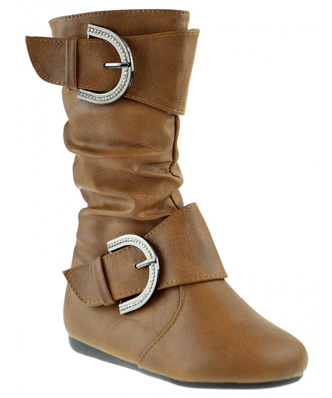 Boots Little Girls Rhinestone Buckle Side Zipper Slouch Mid Calf Boots - Tan Pu - CD18I0E6DI9 $46.36