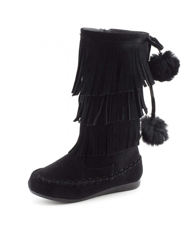 Boots Toddler Mid Calf 3 Layers Fringe Pom Pom Boots (Toddler) - Black - CL189NS986H $41.83