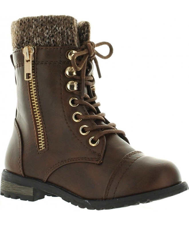 Boots Girls Round Toe Military Lace Up Knit Ankle Cuff Low Heel Combat Boots - Brown - CB12OBFGCUI $35.45