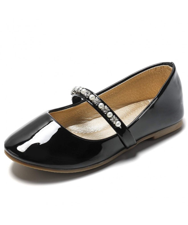 Flats Little Girls Dress Shoes Ballet Flats Inlaid with Pearl and Rhinestone Strap - Patent Black - CS18LX74O20 $34.98