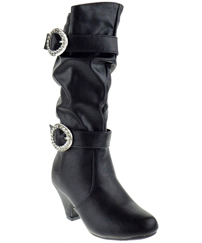 Flats Link Little Girl's Pauline-38 Kitten Heel Boots With Decorative Buckles - Black Pu Rhine - CF18ILSK38E $47.64