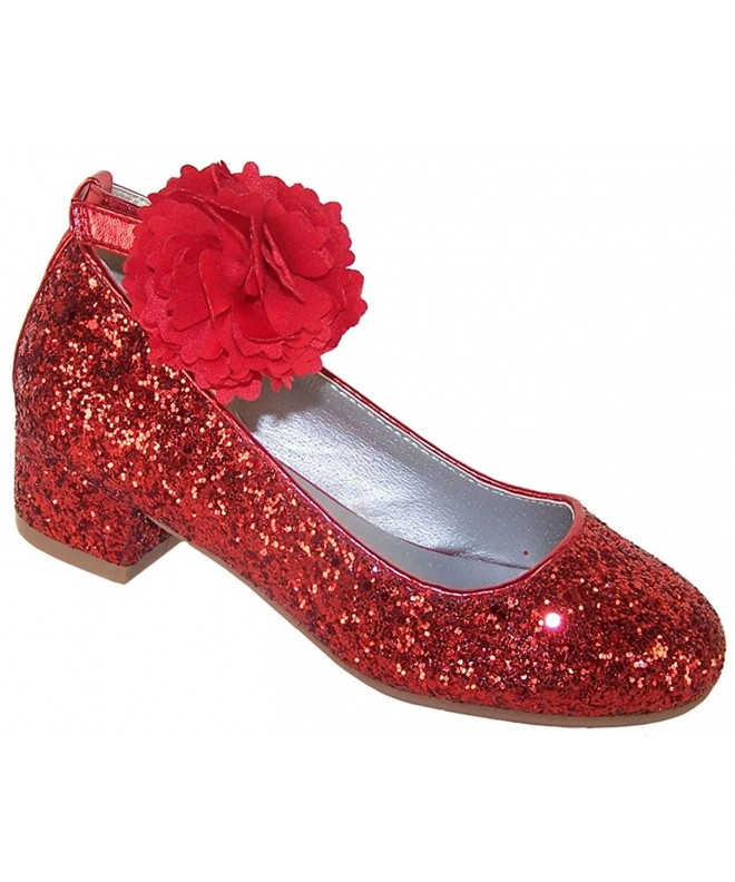 Flats Girls Childrens Red Sparkle Glitter Low Heeled Party Dress Shoes with Detachable Flower Trim - Red - CJ11FMJTTQH $63.62