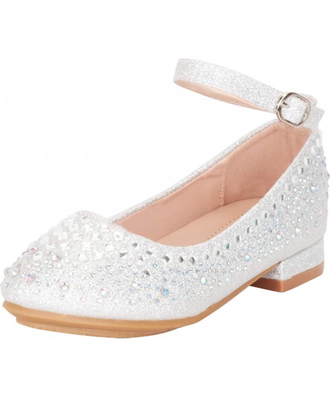 Flats Girls' Glitter Crystal Rhinestone Ankle Strap Low Block Heel Dress Shoe (Toddler/Little Kid/Big Kid) - Silver - CJ18KMA...