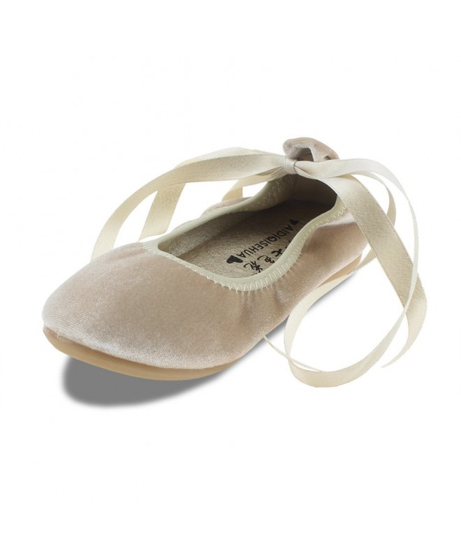 Flats Maxu Girls Dress Velvet Ballerina Flats with Ribbon (Toddler/Little Kid) - Skin - CH18253Y25Y $29.58