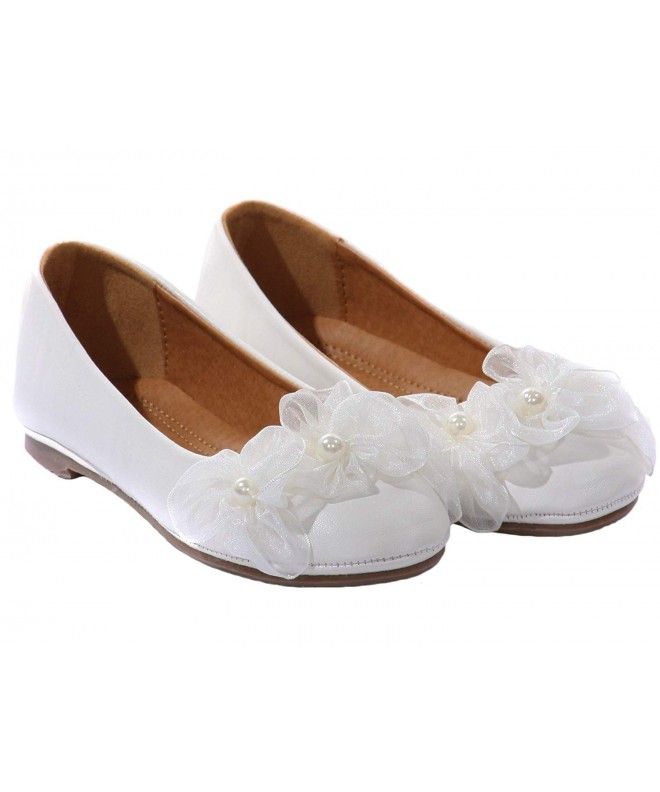 Flats Girls Elegant Ballerina Slipper with Sheer Organza Flower and Pearl Accents - White - CU18M474CLT $38.43