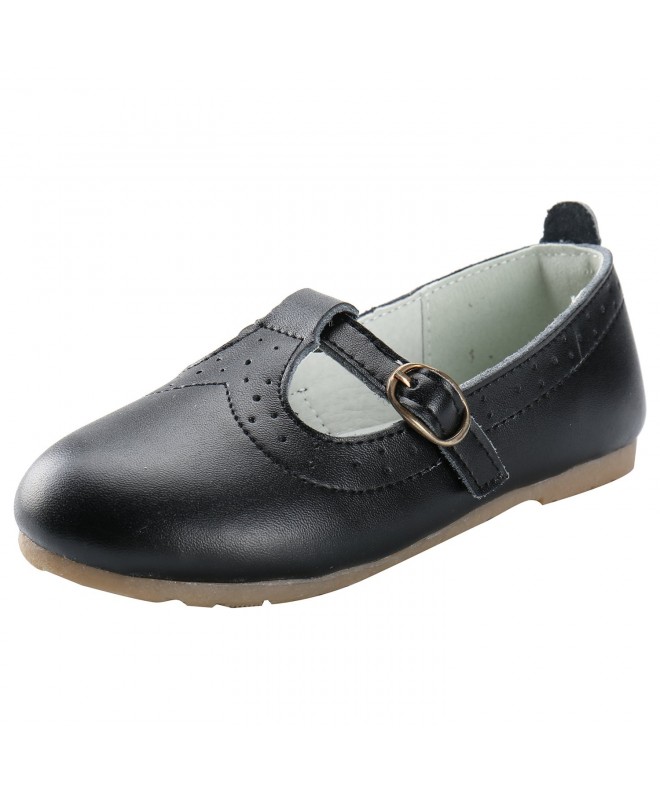 Flats Girls Leather Dress Mary Jane T-Shaped Strap Flat Shoes - Black - C6189ZSGLH9 $27.07