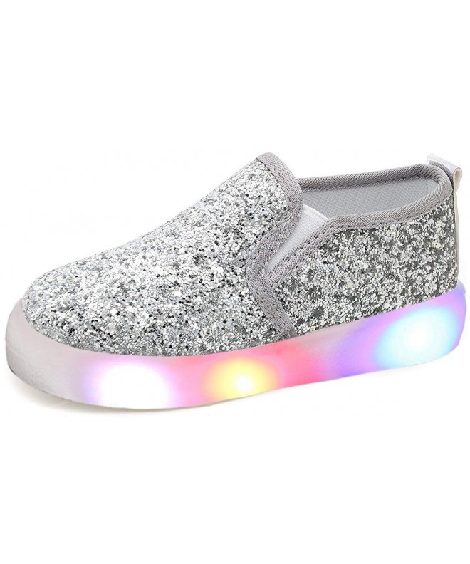 Loafers Girl's Light Up Sequins Slip On Loafers Flashing LED Casual Shoes Flat Sneakers (Toddler/Little Kid) - Silver - CM18E...
