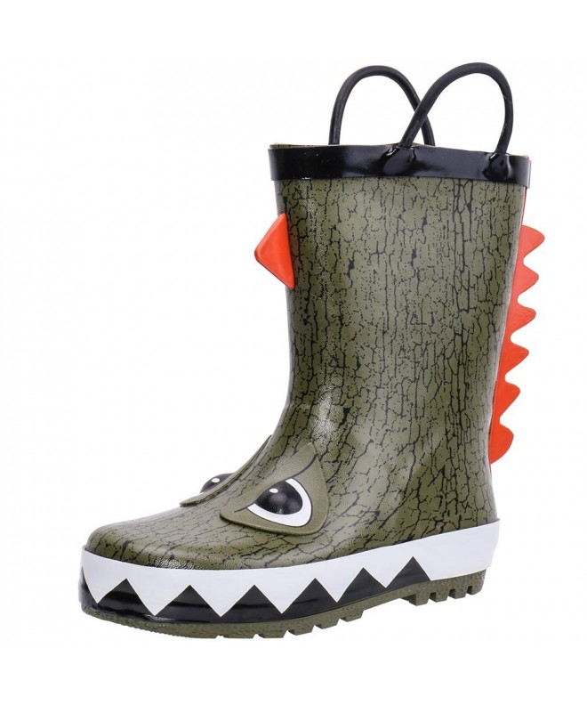 Rain Boots Kids Waterproof Rubber Rain Boots Girls - Boys & Toddlers Fun Prints & Handles - Olive/Dinosaur - C318HX0C8Z5 $42.56