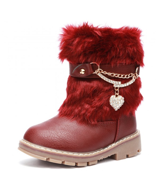 Snow Boots Girls Rhinestone Side Zipper Bowknot Warm Winter Fur Snow Boots (Toddler/Little Kid) - Wine Red - CG12JF850ZJ $33.72