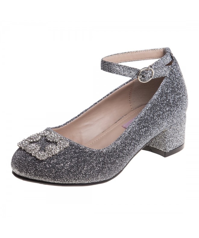 Oxfords Glitter Mesh Dress Block Heel Shoes with Rhinestone Buckle (Little Kid/Big Kid) - Silver - CA18ESOOC3K $33.17