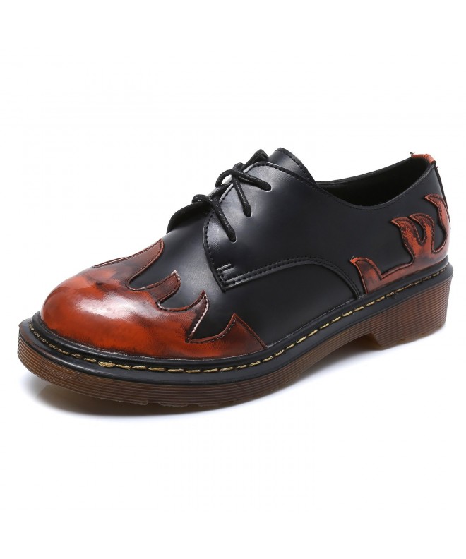 Oxfords Lady s Classic Lace-up Shoes Red Flames Round Toe - Red - CE12MZR2YXD $57.74