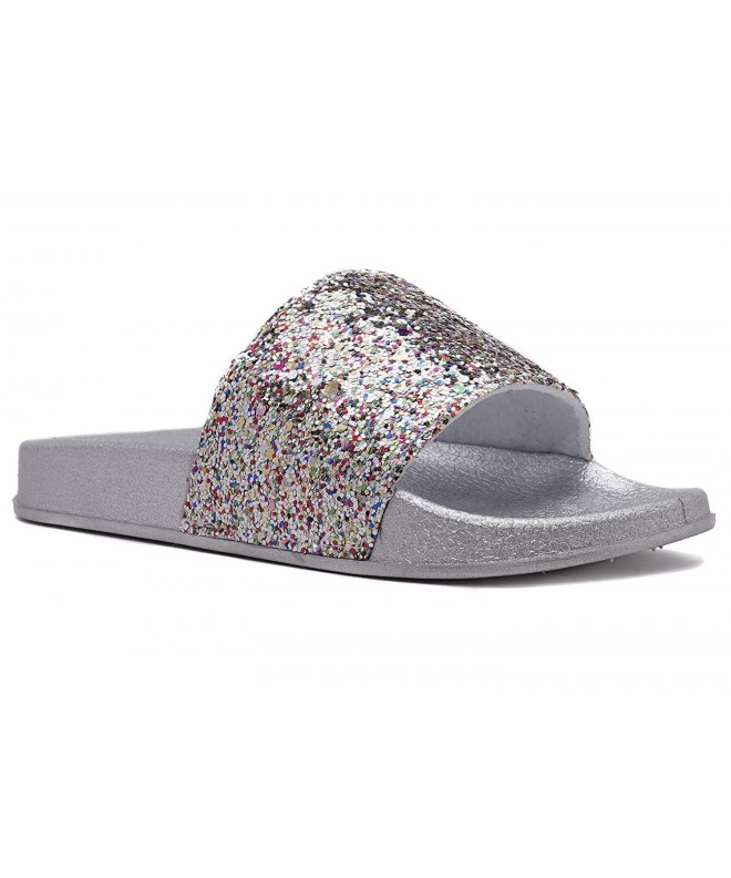 Sandals Girl's Glitter Rhinestone Slides - Embellished Jewel Slipper Sandal - Silver - CS18DI8HGIL $23.65