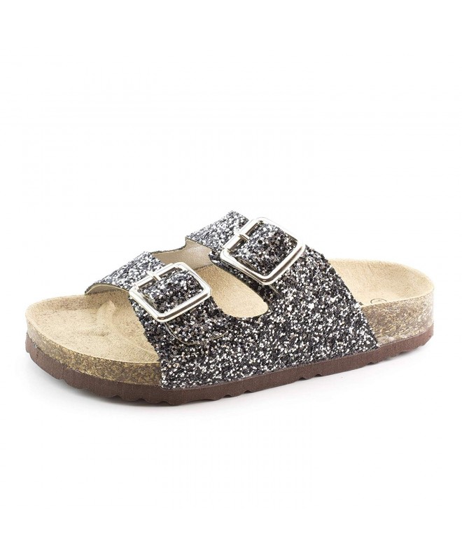 Sandals Girls Two Buckle Strap Sparkle Glitter Cork Sole Slip on Sandals (Toddler/Little Kid) - Black - CZ18NXC38MC $38.58