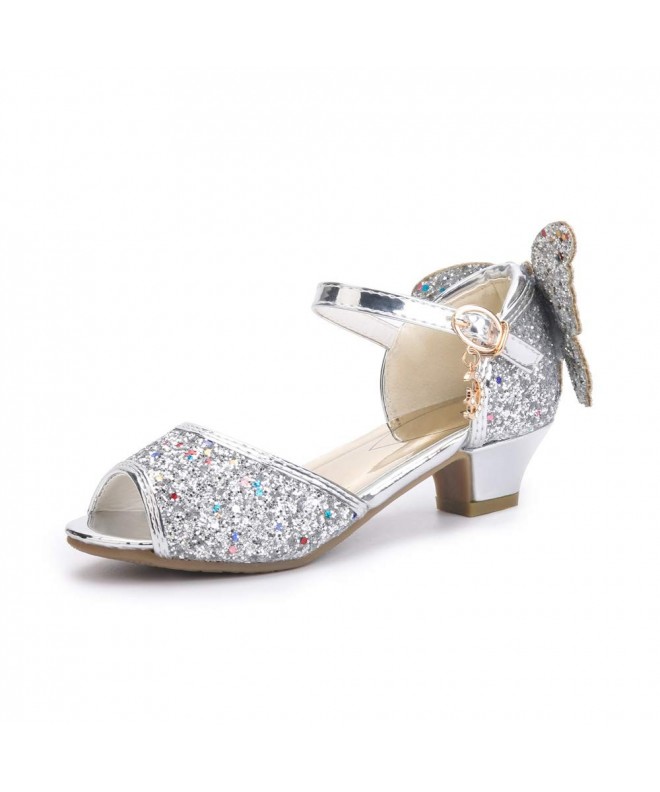 Sandals Girls' Peep Toe Princess Butterfly Kitten Heels Glitter Sandals - Silver - CM18DIICT40 $48.80