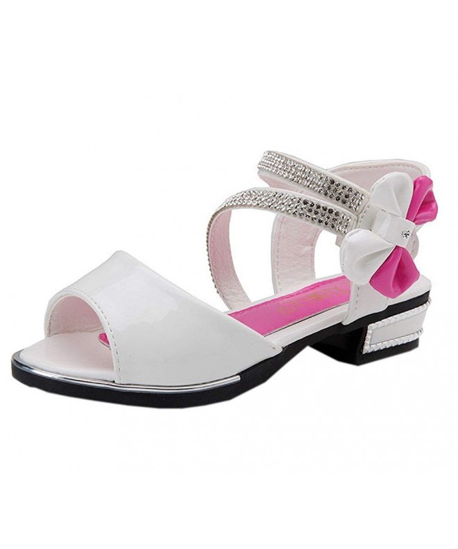Sandals Girls' Peep Toe Patent Leather Rhinestone Strap Bow Low Heel Dress Sandals - White - C818CRZGQEX $31.28