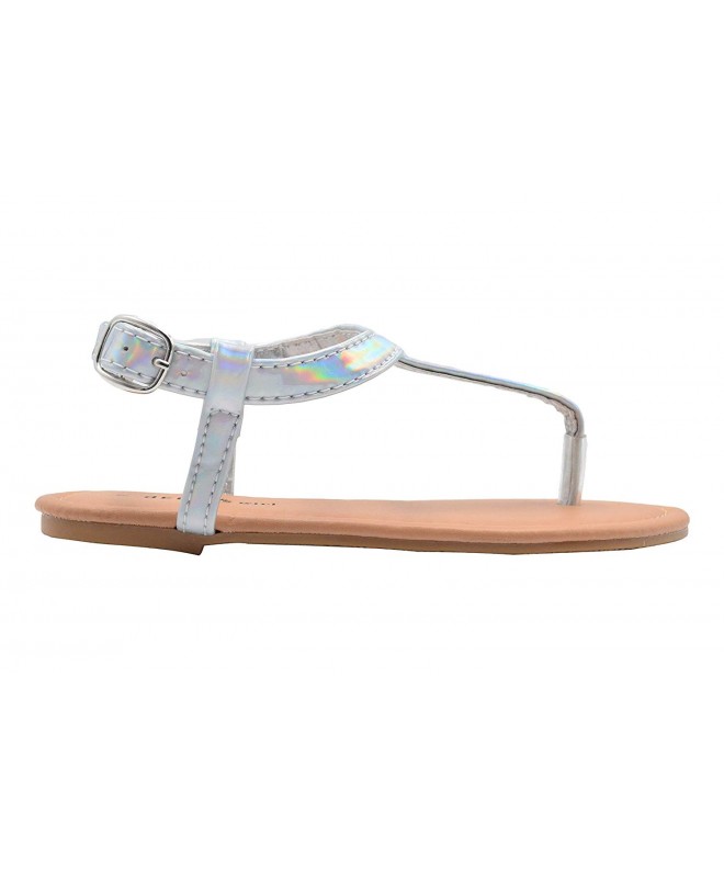 Sandals Girls Fashion Sandals Holographic Slingback T Strap Flats - Silver - CX18NM6H72E $36.82