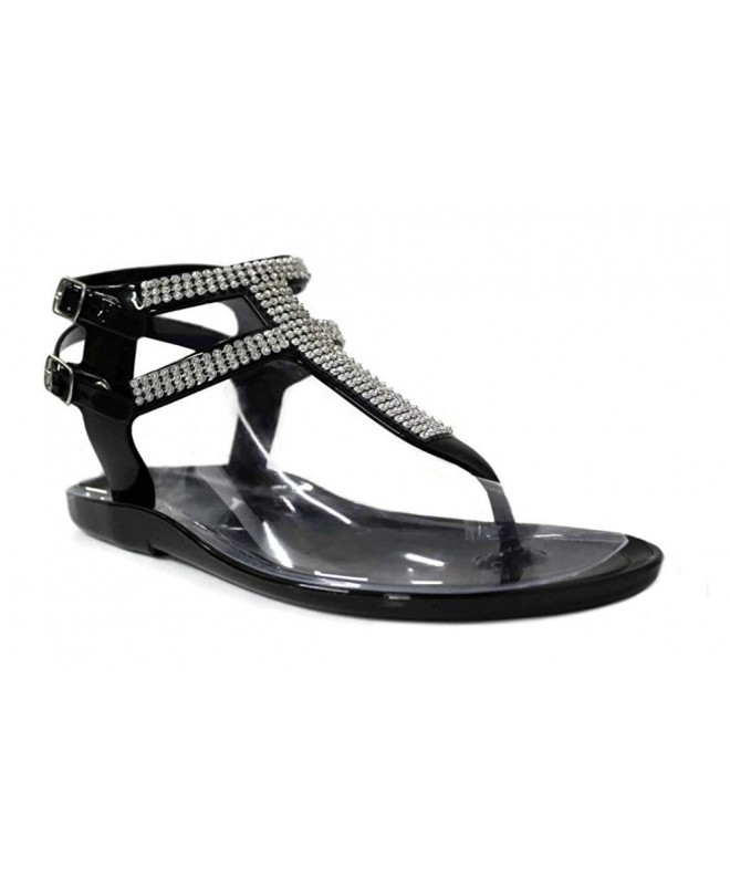 Sandals Little Girl's Clara Jr. Jelly T-Strap Rhinestone Flat Gladiator Sandals - Black - CI11TD8IT5Z $28.21