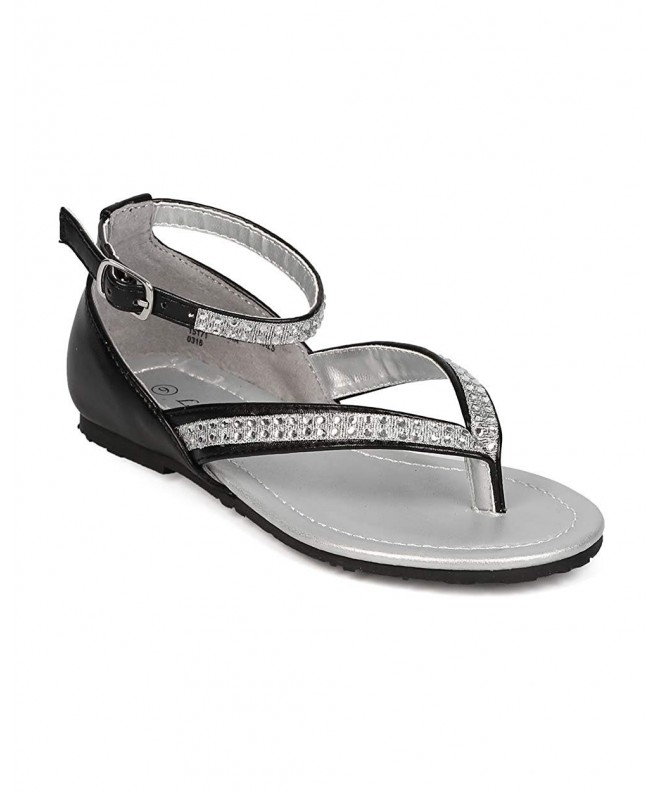 Sandals Leatherette Rhinestone Thong Ankle Strap Sandal (Toddler/Little Girl/Big Girl) EI65 - Black - CK12HU3V5Y1 $40.28