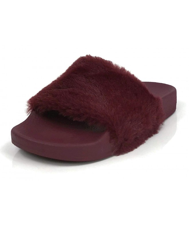 Slippers Girls Kids Slides Fur Fuzzy Slipper Flats - Burgundy - C1188Z98QDE $25.17
