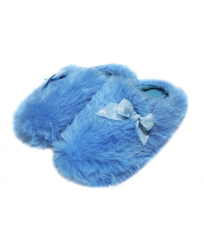 Slippers Girls Fuzzy Winter Indoor Slippers with Printed Ribbon - Blue - CB186R6NCKD $20.52
