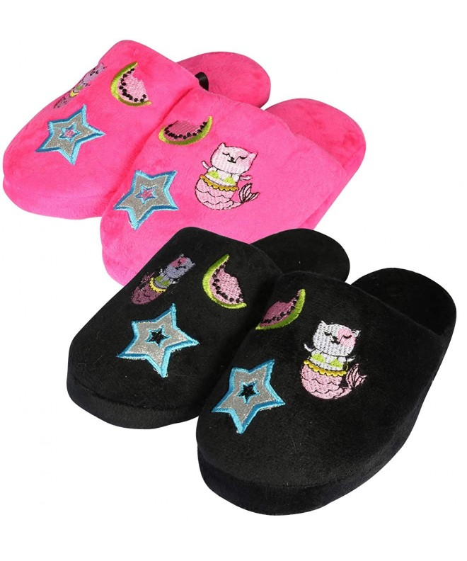 Slippers Girls 2-Pack Slip On Plush Slide Slippers with Animal Embroidery (Little Kid/Big Kid) - Mermaid - CM18H93S6X7 $20.06