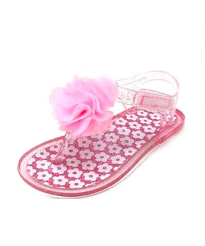 Slippers Toddler Girls Pink Sparkle Jelly T-Strap Sandals with Chiffon Flower Accent Detail - CO18Q3HUYMY $27.71