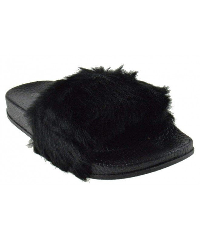 Slippers Izzy Little Girls Faux Fur Softy Slip On Slider Sandals - Black - CT182A6CT6U $19.66
